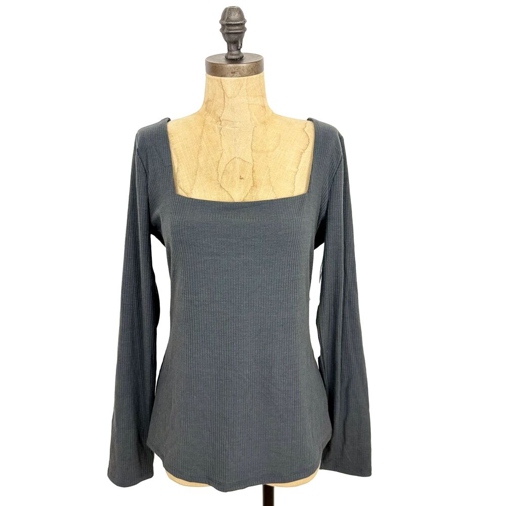 NINE BRITTON Criss Cross Back RIbbed Top L Square Neck Knit Gray NWT B25
